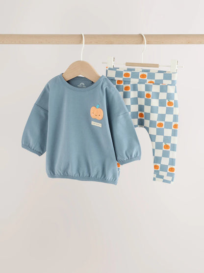 |BabyBoy| Conjunto De Blusa e Legging para Bebé com Estampado de Abóboras Azuis (0 meses a 2 anos)