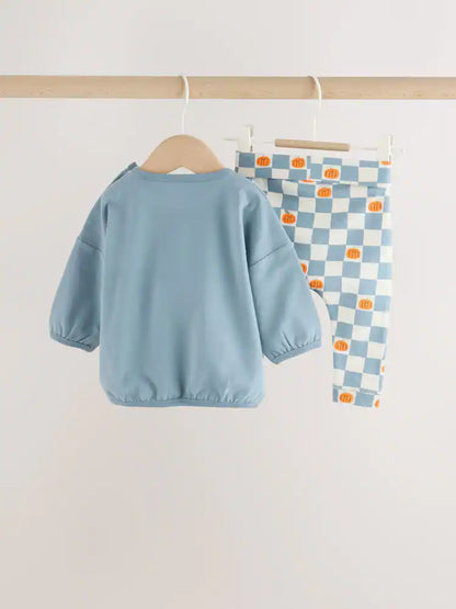 |BabyBoy| Conjunto De Blusa e Legging para Bebé com Estampado de Abóboras Azuis (0 meses a 2 anos)
