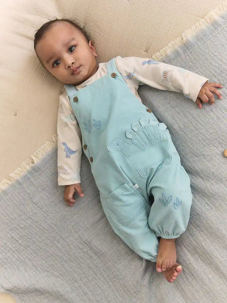 |BabyBoy| Conjunto De Bebê: Jardineira de Veludo Cotelê com Estampa de Dinossauro Azul e Body (0 meses a 3 anos)