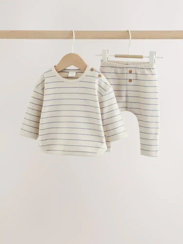 |BabyBoy| Conjunto de Blusa Listrada e Legging para Bebê – Azul/Creme (0 meses a 2 anos)