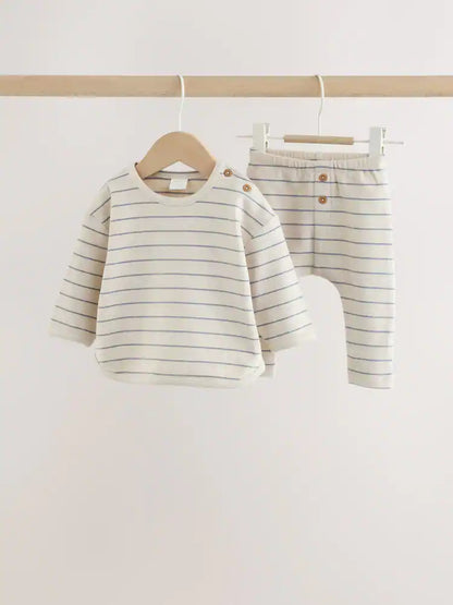 |BabyBoy| Conjunto de Blusa Listrada e Legging para Bebê – Azul/Creme (0 meses a 2 anos)