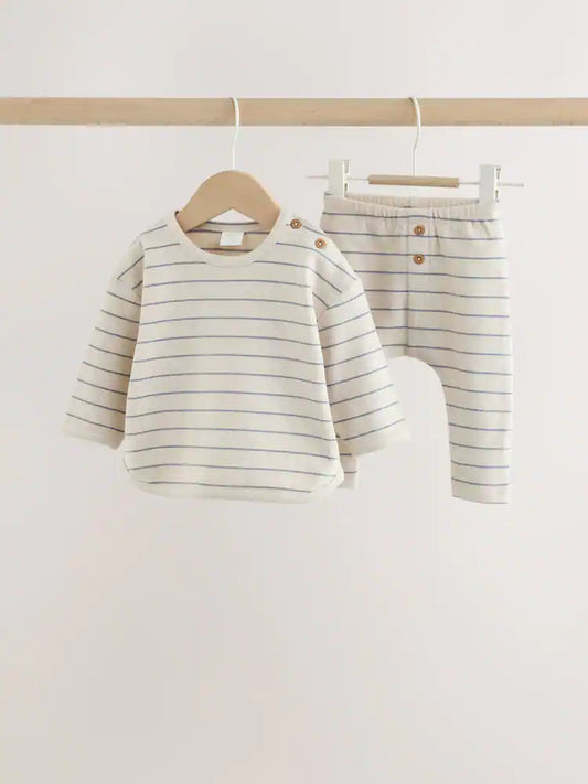 |BabyBoy| Conjunto de Blusa Listrada e Legging para Bebê – Azul/Creme (0 meses a 2 anos)