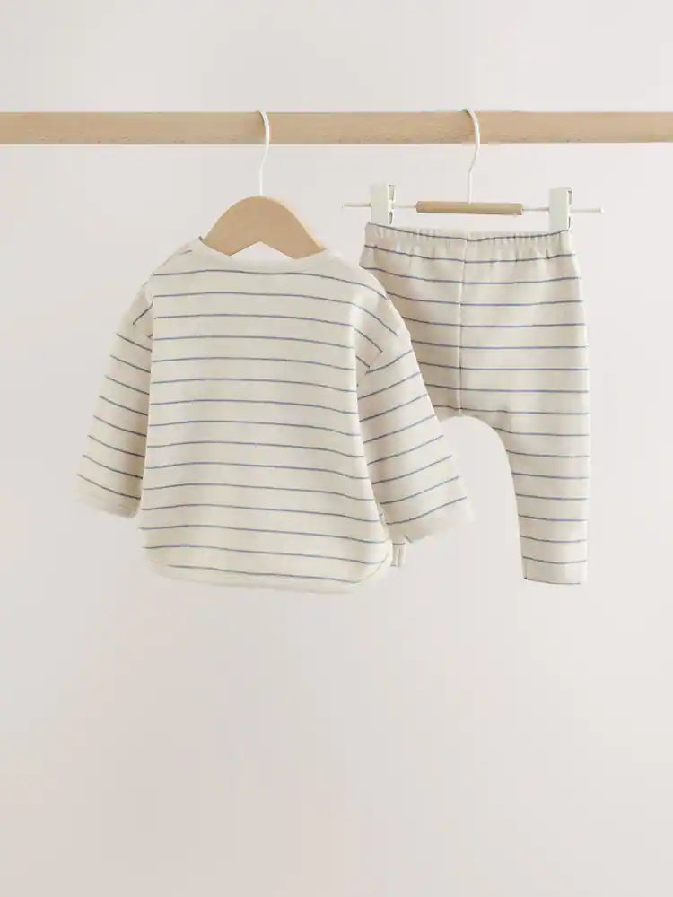 |BabyBoy| Conjunto de Blusa Listrada e Legging para Bebê – Azul/Creme (0 meses a 2 anos)