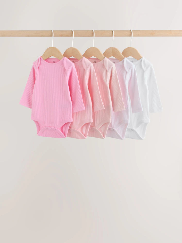 |BabyGirl| Kit Com 5 Bodies De Manga Longa Para Bebê (rosa/branco)