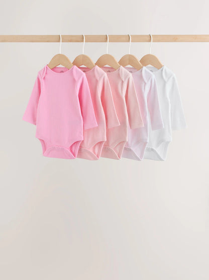 |BabyGirl| Kit Com 5 Bodies De Manga Longa Para Bebê (rosa/branco)