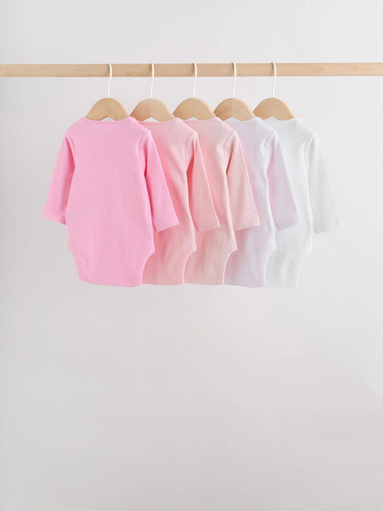 |BabyGirl| Kit Com 5 Bodies De Manga Longa Para Bebê (rosa/branco)