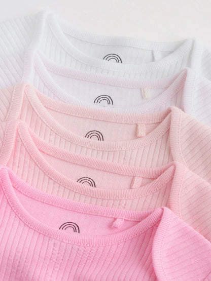 |BabyGirl| Kit Com 5 Bodies De Manga Longa Para Bebê (rosa/branco)