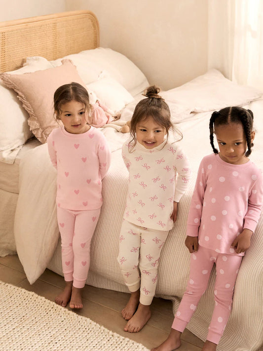 |Girl| Kit com 3 Pijamas Aconchegantes Rosa/Branco (9 meses a 12 anos)