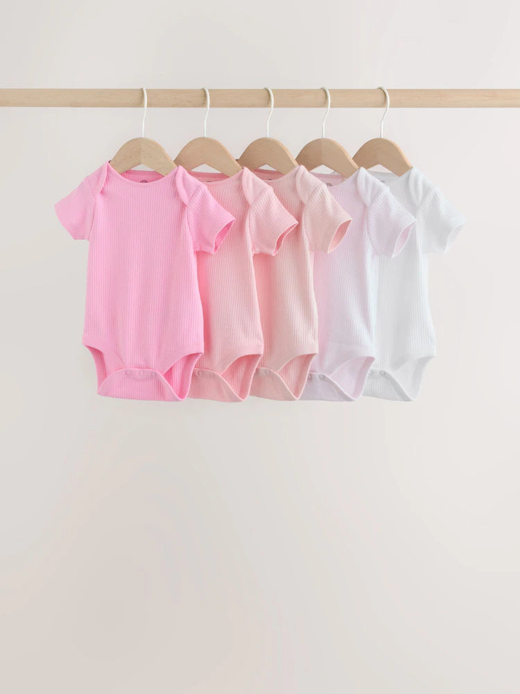 |BabyGirl| Kit Com 5 Bodies De Manga Curta Para Bebê (rosa/branco)