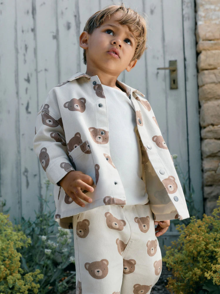 |Boy| Sobrecamisa De Sarja Estampada Na Cor Cru Com Estampa De Ursos (3 meses a 7 anos)