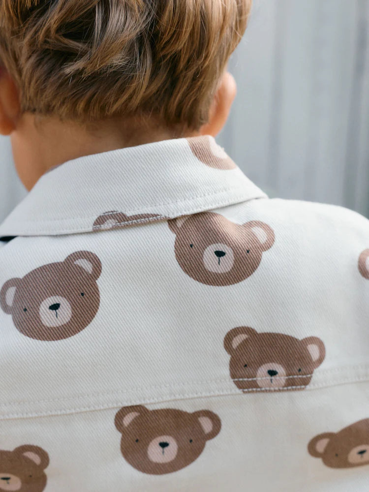 |Boy| Sobrecamisa De Sarja Estampada Na Cor Cru Com Estampa De Ursos (3 meses a 7 anos)