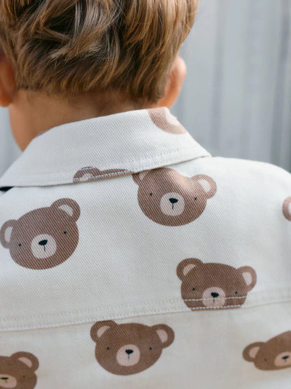 |Boy| Sobrecamisa De Sarja Estampada Na Cor Cru Com Estampa De Ursos (3 meses a 7 anos)