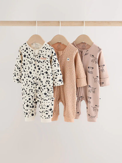 |BabyGirl| Kit com 3 Macacões de Bebê com Zíper Bidirecional – Estampa de Cachorrinho Marrom (0 a 3 anos)