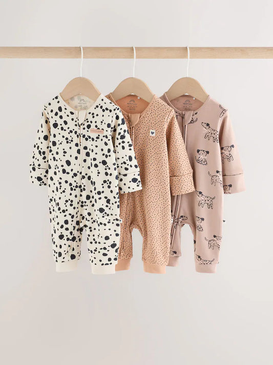 |BabyGirl| Kit com 3 Macacões de Bebê com Zíper Bidirecional – Estampa de Cachorrinho Marrom (0 a 3 anos)