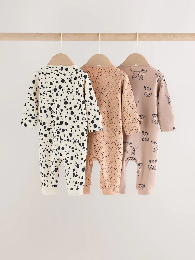 |BabyGirl| Kit com 3 Macacões de Bebê com Zíper Bidirecional – Estampa de Cachorrinho Marrom (0 a 3 anos)