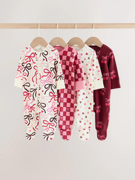 |BabyGirl| Kit com 4 Macacões de Bebê com Laço e Zíper Bidirecional (0 meses a 3 anos)