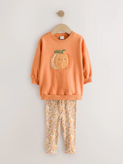 |Girl| Conjunto de Moletom e Legging Laranja com Estampa de Abóbora (3 meses a 7 anos)