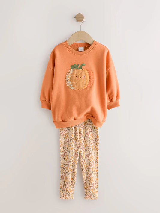 |Girl| Conjunto de Moletom e Legging Laranja com Estampa de Abóbora (3 meses a 7 anos)
