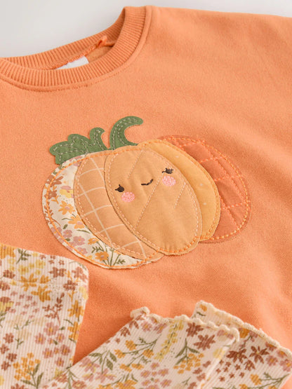 |Girl| Conjunto de Moletom e Legging Laranja com Estampa de Abóbora (3 meses a 7 anos)