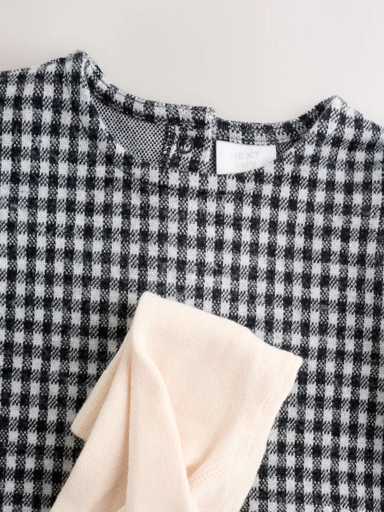 |BabyGirl| Vestido Xadrez Preto/Cinza Para Bebê, Manga Comprida, Em Camadas, Com Meia-Calça (0 meses a 2 anos)