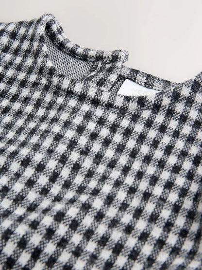 |BabyGirl| Vestido Xadrez Preto/Cinza Para Bebê, Manga Comprida, Em Camadas, Com Meia-Calça (0 meses a 2 anos)