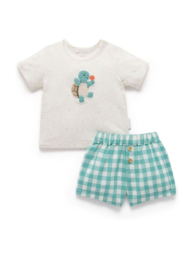 |BabyBoy| Conjunto De Camiseta e Short Purebaby Green Gingham Turtle 100% Algodão