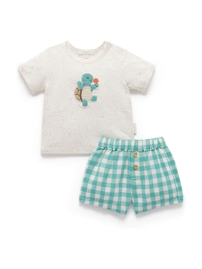 |BabyBoy| Conjunto De Camiseta e Short Purebaby Green Gingham Turtle 100% Algodão