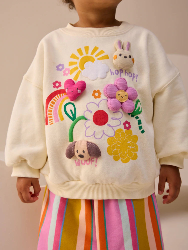 |Girl| Conjunto De Moletom Com Estampa De Personagens Acolchoados e Listras Creme e Calça de moletom com perna cano