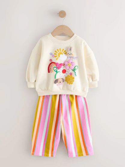 |Girl| Conjunto De Moletom Com Estampa De Personagens Acolchoados e Listras Creme e Calça de moletom com perna cano