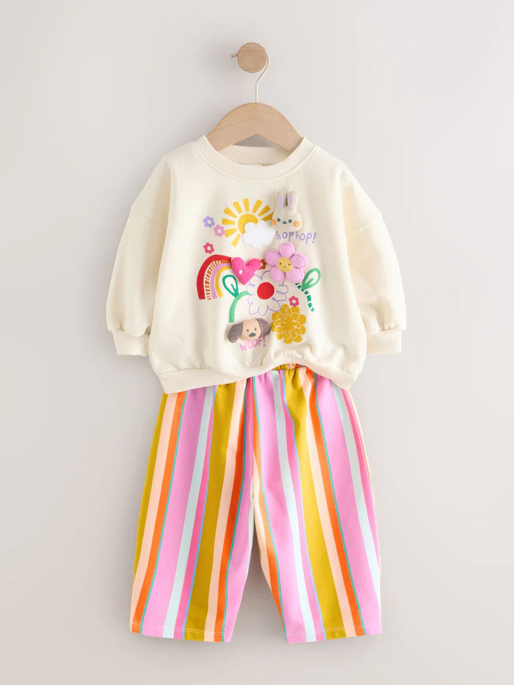 |Girl| Conjunto De Moletom Com Estampa De Personagens Acolchoados e Listras Creme e Calça de moletom com perna cano