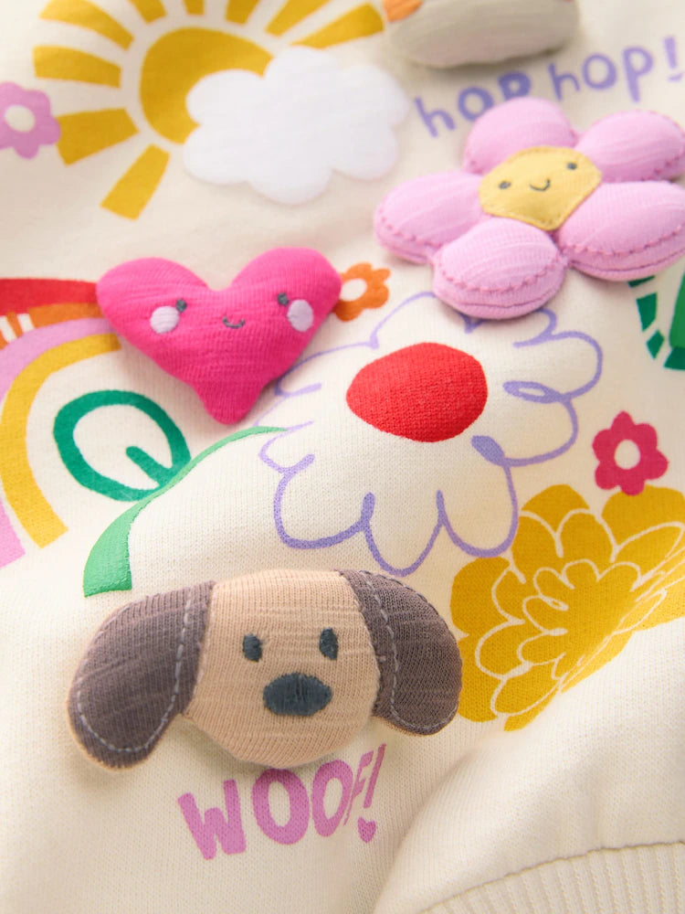 |Girl| Conjunto De Moletom Com Estampa De Personagens Acolchoados e Listras Creme e Calça de moletom com perna cano