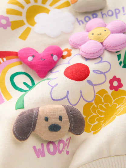 |Girl| Conjunto De Moletom Com Estampa De Personagens Acolchoados e Listras Creme e Calça de moletom com perna cano