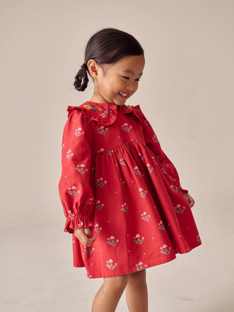 |Girl| Vestido Vermelho De Manga Comprida Com Gola Alta (3 meses a 8 anos)