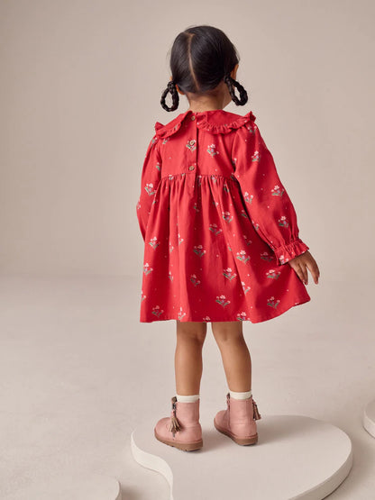 |Girl| Vestido Vermelho De Manga Comprida Com Gola Alta (3 meses a 8 anos)