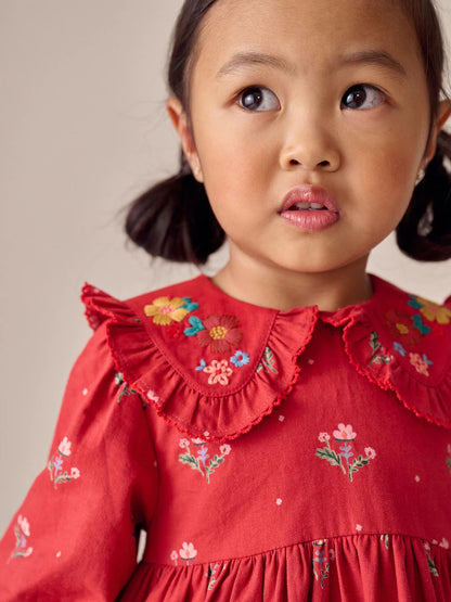 |Girl| Vestido Vermelho De Manga Comprida Com Gola Alta (3 meses a 8 anos)