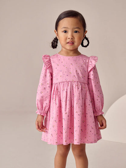 |Girl| Vestido De Manga Comprida Com Babados Rosa (3 meses a 8 anos)