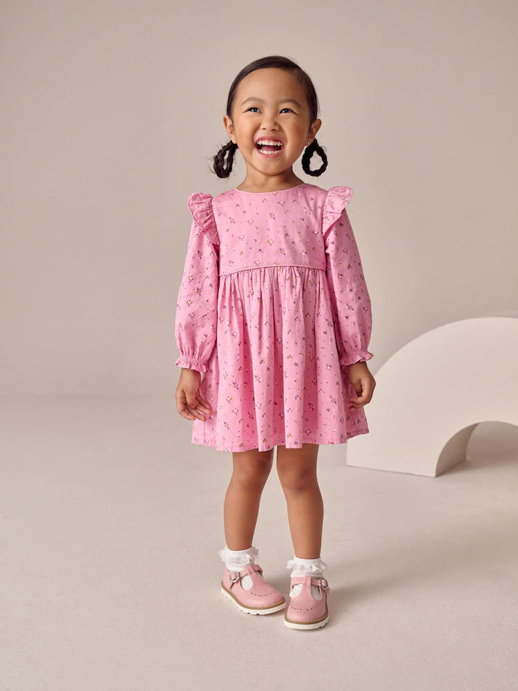 |Girl| Vestido De Manga Comprida Com Babados Rosa (3 meses a 8 anos)