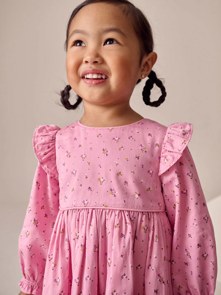 |Girl| Vestido De Manga Comprida Com Babados Rosa (3 meses a 8 anos)