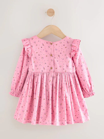 |Girl| Vestido De Manga Comprida Com Babados Rosa (3 meses a 8 anos)
