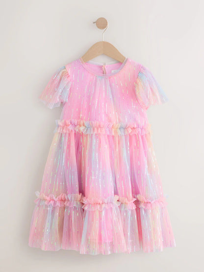 |BigGirl| Vestido De Festa Em Malha Rosa Brilhante (3-16 anos)