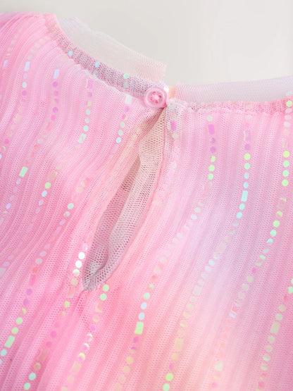 |BigGirl| Vestido De Festa Em Malha Rosa Brilhante (3-16 anos)