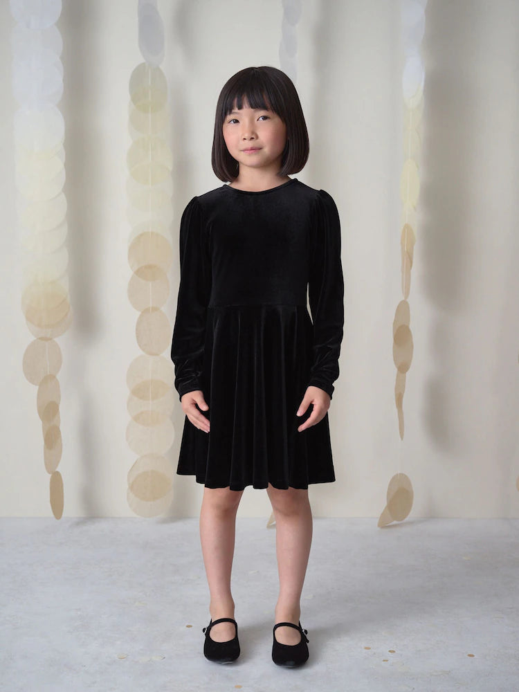 |BigGirl| Vestido de veludo preto de manga comprida (3-16 anos)