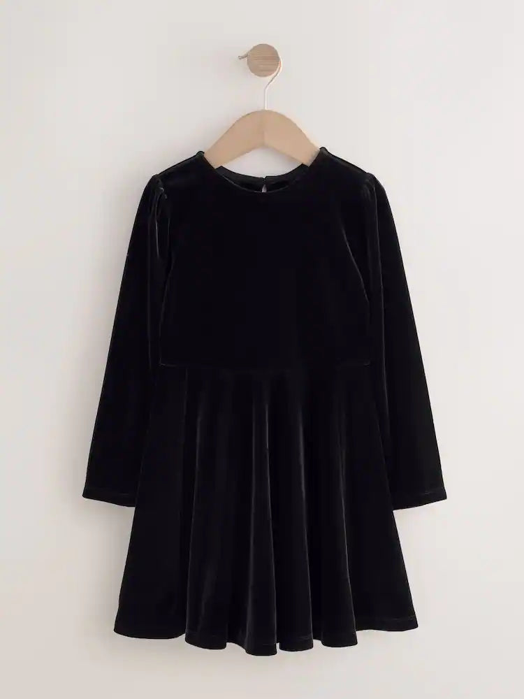 |BigGirl| Vestido de veludo preto de manga comprida (3-16 anos)