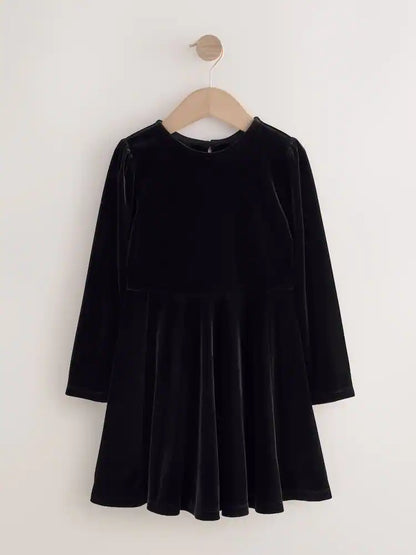 |BigGirl| Vestido de veludo preto de manga comprida (3-16 anos)