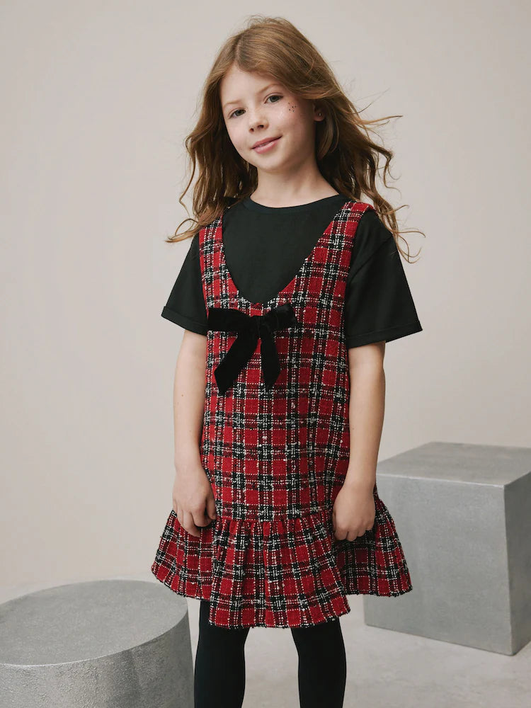 |BigGirl| Conjunto De Avental e Camiseta Xadrez Vermelho (3-16 anos)