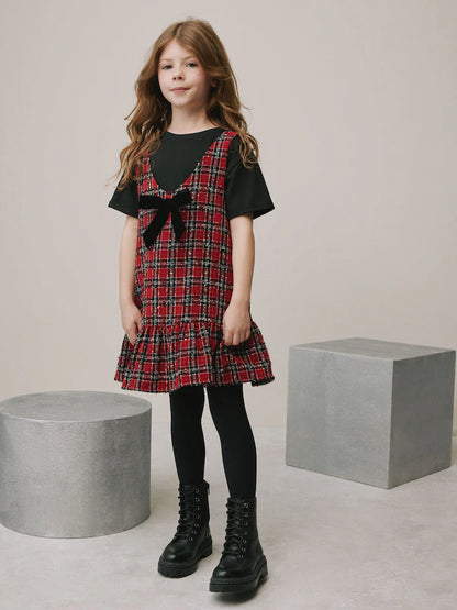 |BigGirl| Conjunto De Avental e Camiseta Xadrez Vermelho (3-16 anos)