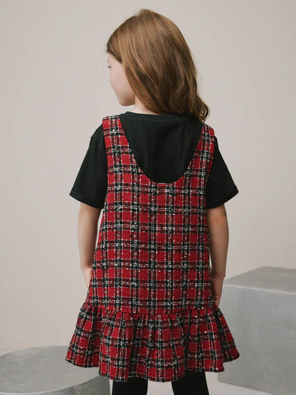 |BigGirl| Conjunto De Avental e Camiseta Xadrez Vermelho (3-16 anos)