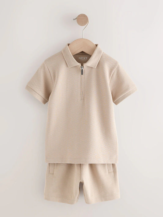 |Boy| Conjunto De Polo e Shorts Com Gola Alta e Manga Curta Texturizada Neutra (3 meses a 7 anos)