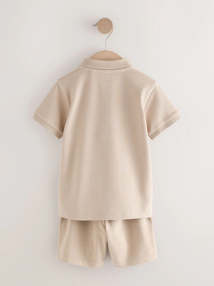|Boy| Conjunto De Polo e Shorts Com Gola Alta e Manga Curta Texturizada Neutra (3 meses a 7 anos)
