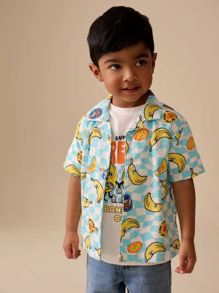 |Boy| Conjunto De Camiseta e Camisa De Manga Curta Com Estampa De Bananas Em Tons De azul e amarelo (6 meses a 7 anos)